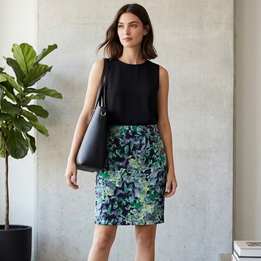 Halogen Abstract Watercolor Pencil Skirt // Jewel Tone Artsy Career Chic Size 10
